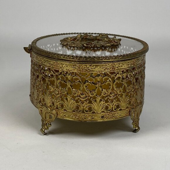 Vintage Hollywood Regency Gold Filigree Ormolu Jewelry Box Oval Glass Hinged Lid - Picture 6 of 11